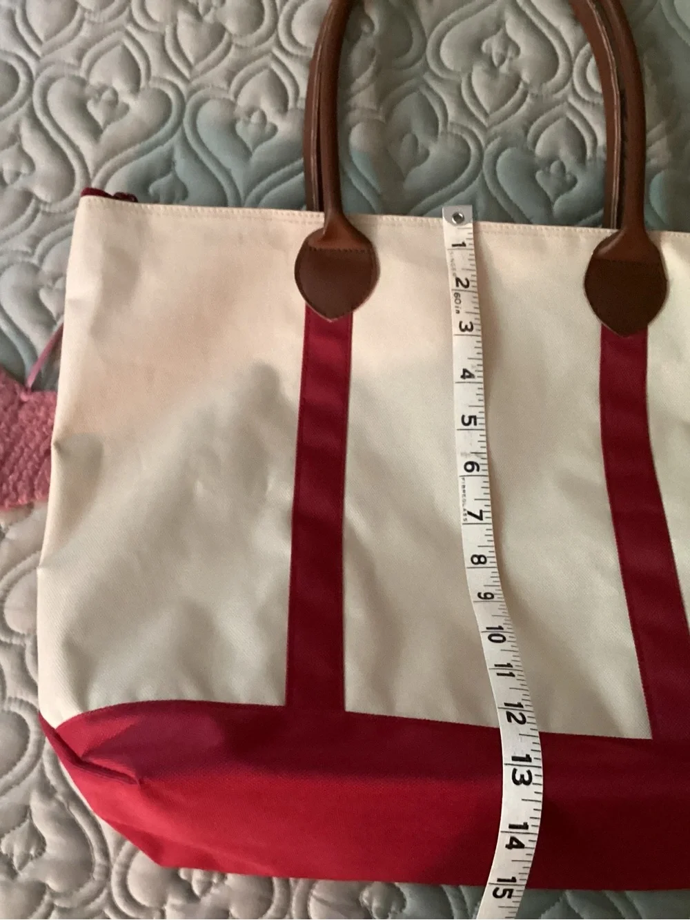 Canvas Tote Bag with red trim , Pink Accent removable heart  and Brown Handles